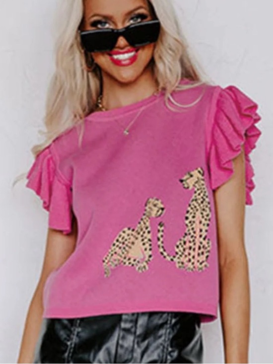 entro Sweaters - Entro Hot Pink Leopard Short Ruffle Sleeve Cotton Cropped Sweater Top Size Small
